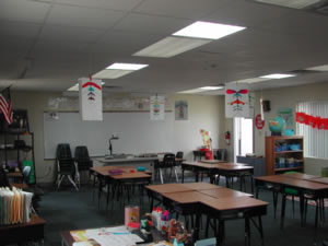 Picture of skylight louvers open but electric lights off.