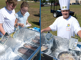 Two photos of students cooking in their solar ovens.