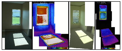 Picture of Afternoon comparison of visible and IR appearance of west-facing Control (left) and PVRES windows (right).