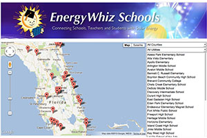 EnergyWhiz Schools website screen capture showing SunSmart E-Shelter schools on map of Florida.