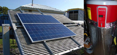 Photovoltaic panel outside and heat pump water heater inside.