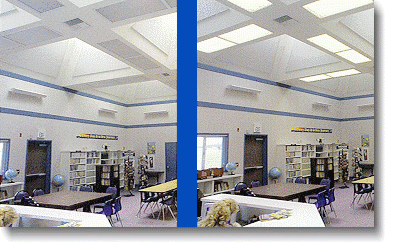 Photo comparison of empty classroom : one with skylights only, one with  skylights and fluorescent lighting.
