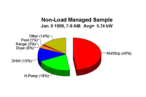 Pie chart showing AH/Strip (46%), heat pump (19%), DHW (13%), dryer (0%), range (3%), pool (1%) and other (14%)