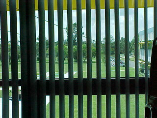 Photo of office window with vertical blinds.
