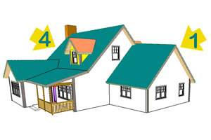 Drawing of two-story house with two one-story additions.