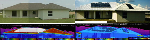 Picture of Comparative visible and thermographic images of the Control and PVRES home roofs.